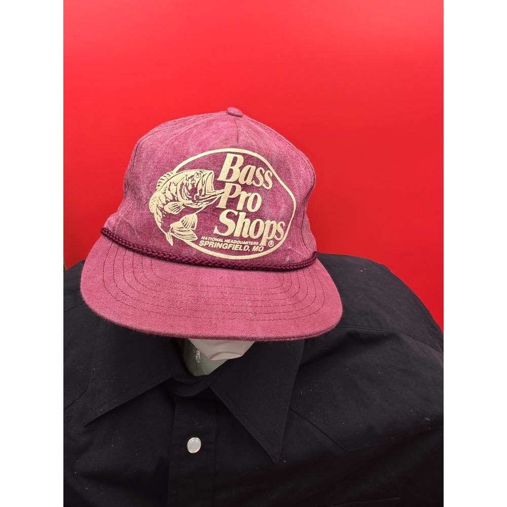 Vintage Bass Pro Shops Hat Made In USA Rope Trucker Cap Pink Maroon Springfield